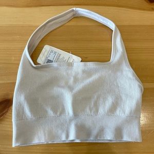 Ribbed fabletics halter sports bra beige
